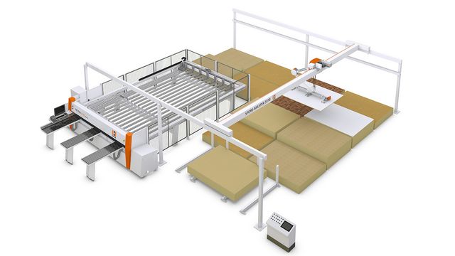 Plattenlagersystem beschickt mit Druckbalkensäge - die Einstiegsvariante für das Handwerk Plattenlager STORE-MASTER von HOLZHER mit TECTRA Plattensäge