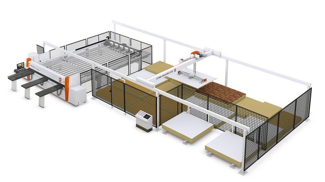 Plattenlagersystem beschickt mit Druckbalkensäge - die Einstiegsvariante für das Handwerk Plattenlager STORE-MASTER von HOLZHER mit TECTRA Plattensäge